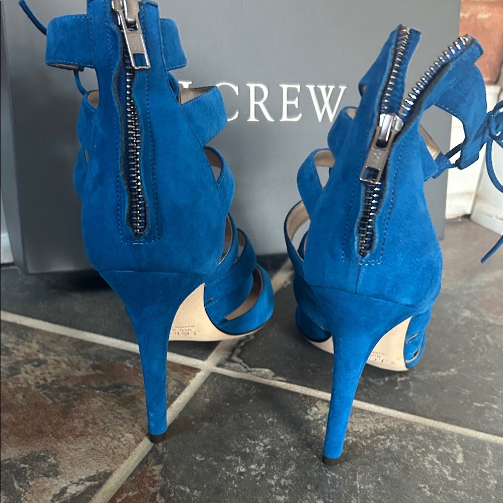 J. Crew Vibrant Blue Suede Lace Up Cage Strappy Heels - Picture 2 of 8
